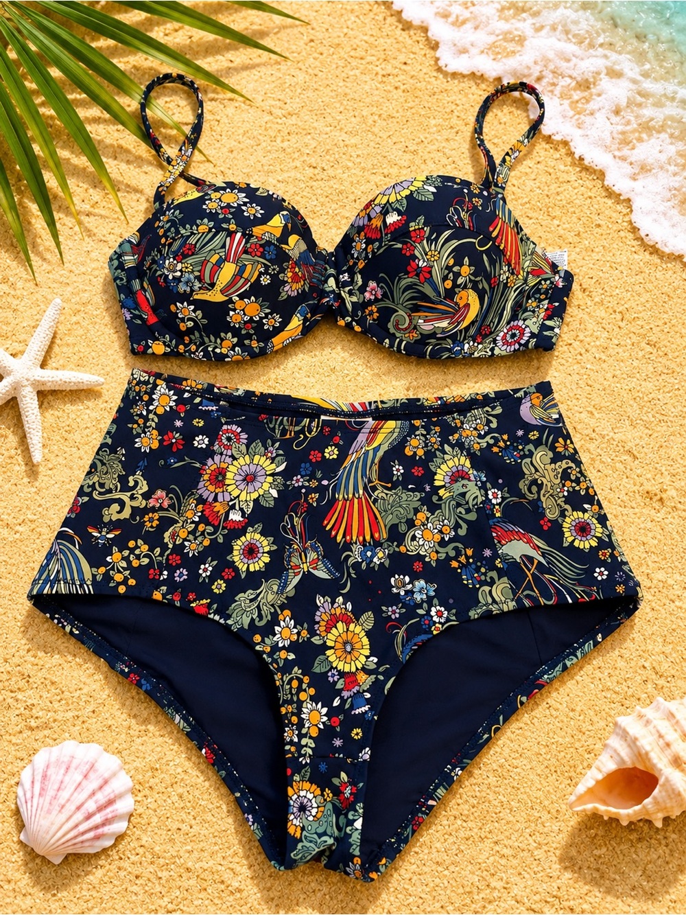 Tory Burch Navy Floral High-Waist Bikini Set. XS